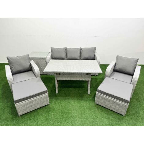 Fimous PE Rattan Garden Furniture Set Reclining Chair Sofa Lounge Sofa Set Rectangular Dining Table Side Table 2 Big Footstool Light Grey