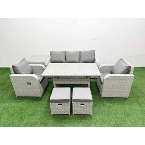 Fimous PE Rattan Garden Furniture Set Reclining Chair Sofa Lounge Sofa Set Rectangular Dining Table Side Table 2 Small Stools Light Grey