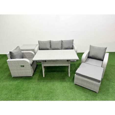 Fimous PE Rattan Garden Furniture Set Reclining Chair Sofa Lounge Sofa Set Rectangular Dining Table Side Table Big Footstool Light Grey