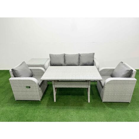 Fimous PE Rattan Garden Furniture Set Reclining Chair Sofa Lounge Sofa Set Rectangular Dining Table Side Table Light Grey