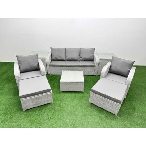 Fimous PE Rattan Garden Furniture Set Reclining Chair Sofa Lounge Sofa Set Square Coffee Table 2 Side Table 2 Big Footstool Light Grey