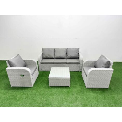 Fimous PE Rattan Garden Furniture Set Reclining Chair Sofa Lounge Sofa Set Square Coffee Table Light Grey