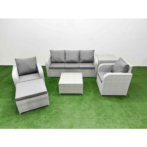 Fimous PE Rattan Garden Furniture Set Reclining Chair Sofa Lounge Sofa Set Square Coffee Table Side Table Big Footstool Light Grey