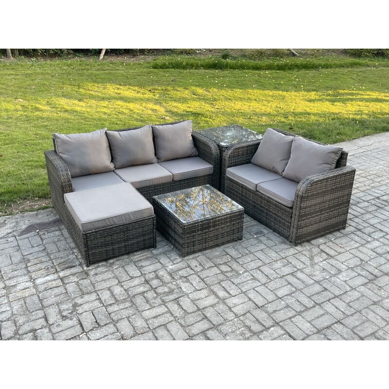 Pe Rattan Garden Furniture Sets 6 Seater Outdoor Lounge Sofa Set Square Coffee Table Big Footstool Side Table - Fimous