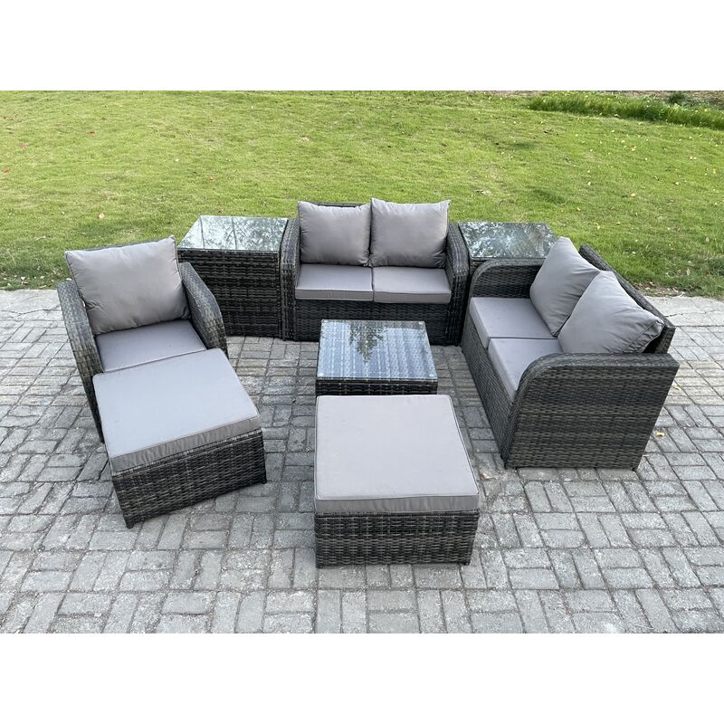 Fimous Pe Rattan Garden Furniture Sets Outdoor Love Sofa Chair Set Square Coffee Table 2 Side Tables 2 Big Footstool