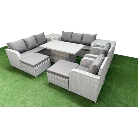 Fimous PE Rattan High Back Lounge Sofa Set Patio Adjustable Lifting Dining or Coffee Table & Chairs Set with 3 Seater Sofa Reclining Chair 2 Big Footstool 2 Side Table Light Grey