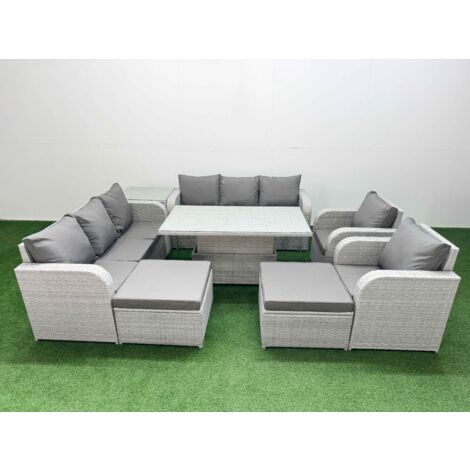 Fimous PE Rattan High Back Lounge Sofa Set Patio Adjustable Lifting Dining or Coffee Table & Chairs Set with 3 Seater Sofa Reclining Chair 2 Big Footstool Side Table Light Grey