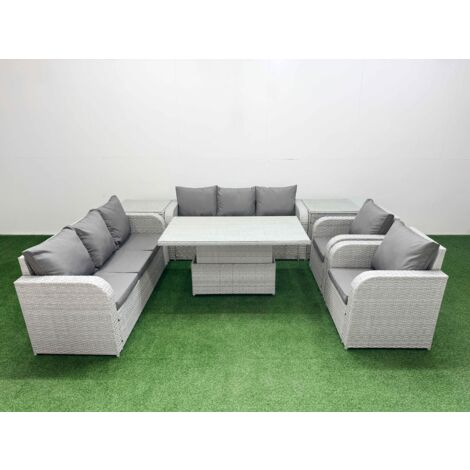 Fimous PE Rattan High Back Lounge Sofa Set Patio Adjustable Lifting Dining or Coffee Table & Chairs Set with 3 Seater Sofa Reclining Chair 2 Side Table Light Grey
