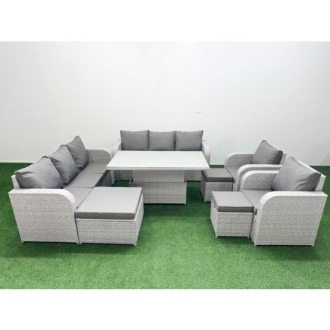 Fimous PE Rattan High Back Lounge Sofa Set Patio Adjustable Lifting Dining or Coffee Table & Chairs Set with 3 Seater Sofa Reclining Chair 3 Stools Light Grey