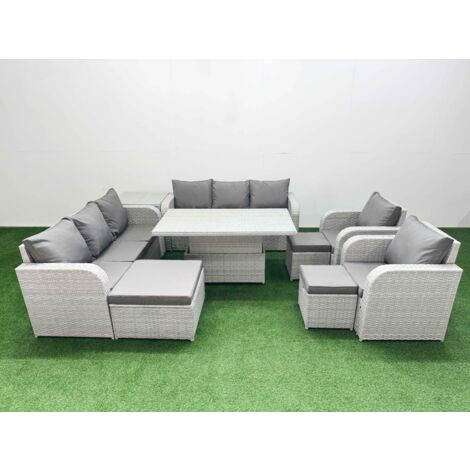 Fimous PE Rattan High Back Lounge Sofa Set Patio Adjustable Lifting Dining or Coffee Table & Chairs Set with 3 Seater Sofa Reclining Chair 3 Stools Side Table Light Grey