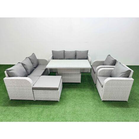 Fimous PE Rattan High Back Lounge Sofa Set Patio Adjustable Lifting Dining or Coffee Table & Chairs Set with 3 Seater Sofa Reclining Chair Big Footstool Light Grey