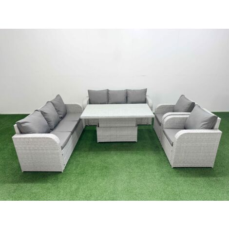 Fimous PE Rattan High Back Lounge Sofa Set Patio Adjustable Lifting Dining or Coffee Table & Chairs Set with 3 Seater Sofa Reclining Chair Light Grey