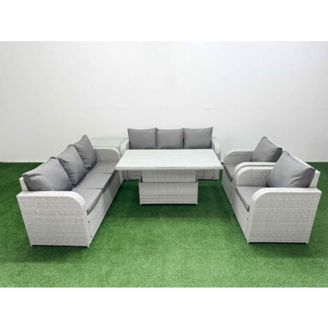 Fimous PE Rattan High Back Lounge Sofa Set Patio Adjustable Lifting Dining or Coffee Table & Chairs Set with 3 Seater Sofa Reclining Chair Side Table Light Grey