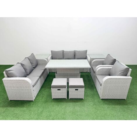 Fimous PE Rattan High Back Lounge Sofa Set Patio Adjustable Lifting Dining or Coffee Table & Chairs Set with 3 Seater Sofa Reclining Chair Stools 2 Side Table Light Grey