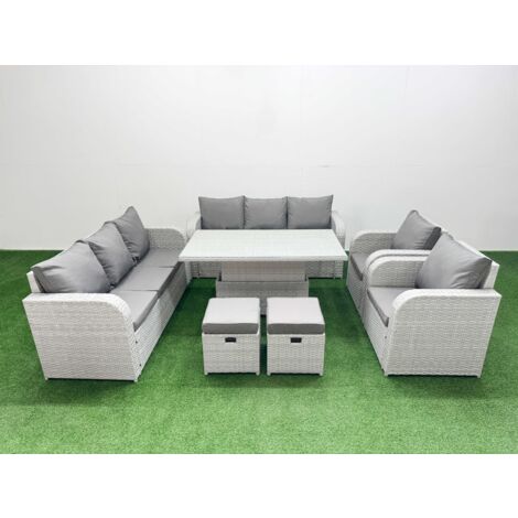 Fimous PE Rattan High Back Lounge Sofa Set Patio Adjustable Lifting Dining or Coffee Table & Chairs Set with 3 Seater Sofa Reclining Chair Stools Light Grey
