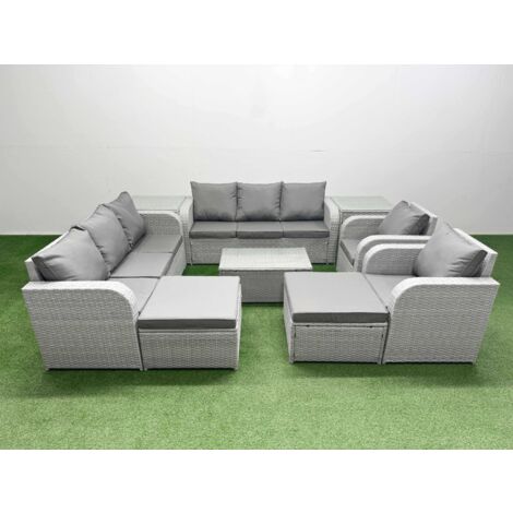 Fimous PE Rattan High Back Lounge Sofa Set Patio Coffee Table & Chairs Set with 3 Seater Sofa Reclining Chair 2 Big Footstool 2 Side Table Light Grey