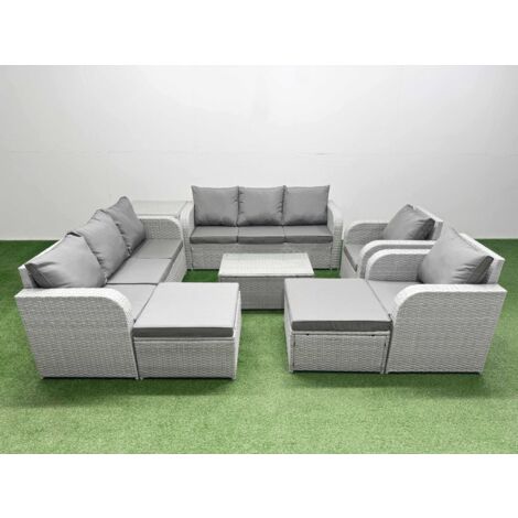 Fimous PE Rattan High Back Lounge Sofa Set Patio Coffee Table & Chairs Set with 3 Seater Sofa Reclining Chair 2 Big Footstool Side Table Light Grey