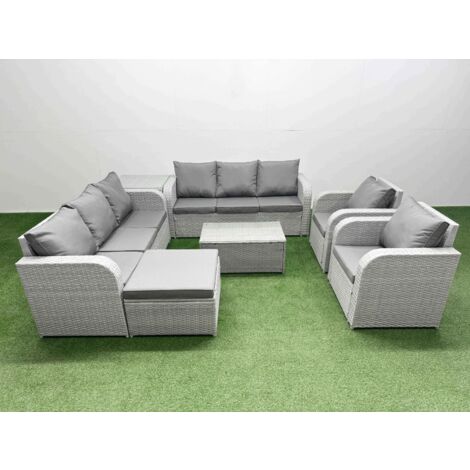 Fimous PE Rattan High Back Lounge Sofa Set Patio Coffee Table & Chairs Set with 3 Seater Sofa Reclining Chair Big Footstool Side Table Light Grey