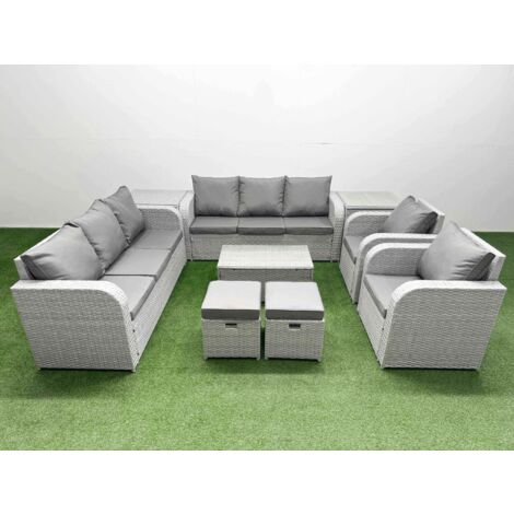 Fimous PE Rattan High Back Lounge Sofa Set Patio Coffee Table & Chairs Set with 3 Seater Sofa Reclining Chair Stools 2 Side Table Light Grey