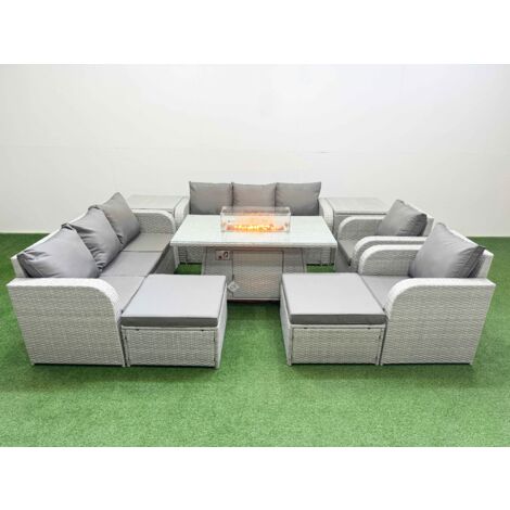 Fimous PE Rattan High Back Lounge Sofa Set Patio Firepit Dining Table & Chairs Set with 3 Seater Sofa Reclining Chair 2 Big Footstool 2 Side Table Light Grey