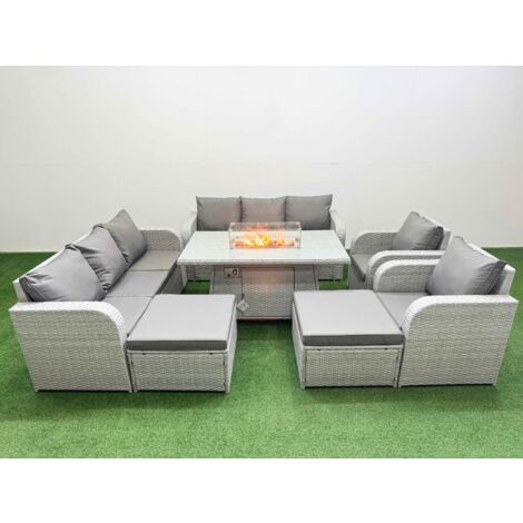Fimous PE Rattan High Back Lounge Sofa Set Patio Firepit Dining Table & Chairs Set with 3 Seater Sofa Reclining Chair 2 Big Footstool Light Grey