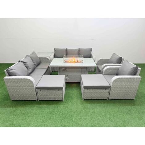 Fimous PE Rattan High Back Lounge Sofa Set Patio Firepit Dining Table & Chairs Set with 3 Seater Sofa Reclining Chair 2 Big Footstool Side Table Light Grey
