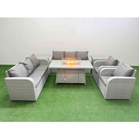 Fimous PE Rattan High Back Lounge Sofa Set Patio Firepit Dining Table & Chairs Set with 3 Seater Sofa Reclining Chair 2 Side Table Light Grey