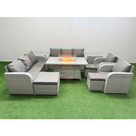 Fimous PE Rattan High Back Lounge Sofa Set Patio Firepit Dining Table & Chairs Set with 3 Seater Sofa Reclining Chair 3 Stools 2 Side Table Light Grey
