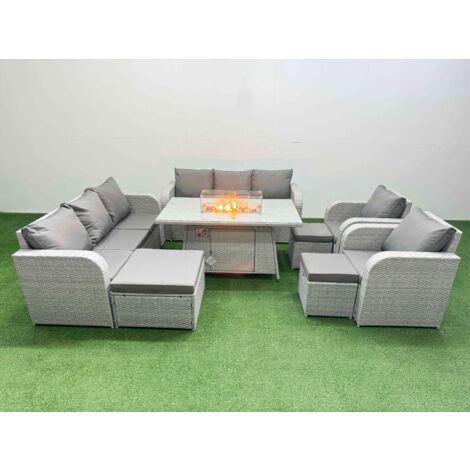 Fimous PE Rattan High Back Lounge Sofa Set Patio Firepit Dining Table & Chairs Set with 3 Seater Sofa Reclining Chair 3 Stools Light Grey