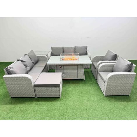Fimous PE Rattan High Back Lounge Sofa Set Patio Firepit Dining Table & Chairs Set with 3 Seater Sofa Reclining Chair Big Footstool Side Table Light Grey