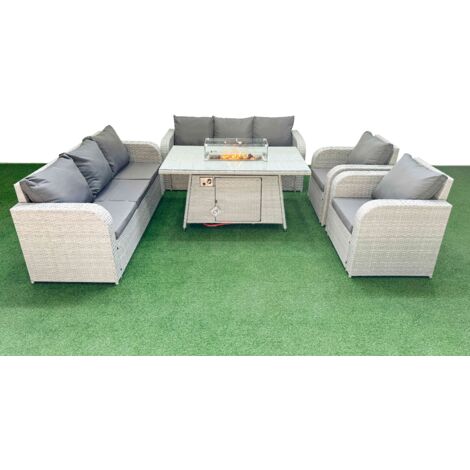 Fimous PE Rattan High Back Lounge Sofa Set Patio Firepit Dining Table & Chairs Set with 3 Seater Sofa Reclining Chair Light Grey