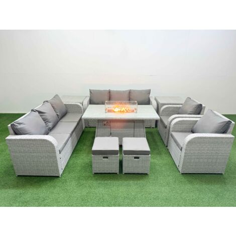 Fimous PE Rattan High Back Lounge Sofa Set Patio Firepit Dining Table & Chairs Set with 3 Seater Sofa Reclining Chair Stools 2 Side Table Light Grey