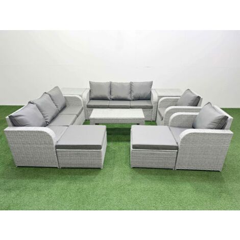 Fimous PE Rattan High Back Lounge Sofa Set Patio Oblong Coffee Table & Chairs Set with 3 Seater Sofa Reclining Chair 2 Big Footstool 2 Side Table Light Grey