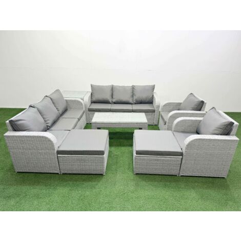 Fimous PE Rattan High Back Lounge Sofa Set Patio Oblong Coffee Table & Chairs Set with 3 Seater Sofa Reclining Chair 2 Big Footstool Side Table Light Grey