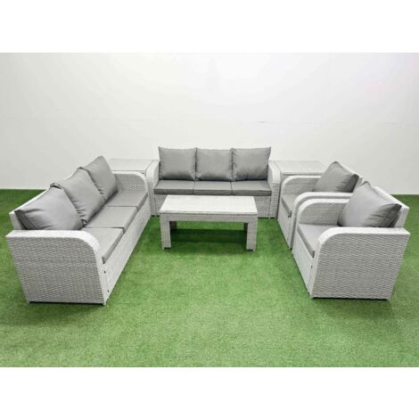 Fimous PE Rattan High Back Lounge Sofa Set Patio Oblong Coffee Table & Chairs Set with 3 Seater Sofa Reclining Chair 2 Side Table Light Grey