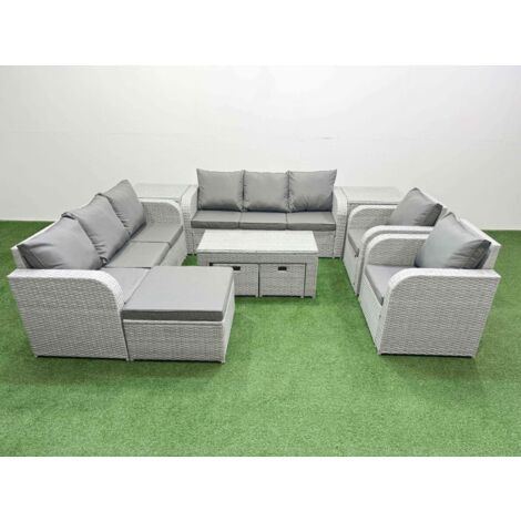 Fimous PE Rattan High Back Lounge Sofa Set Patio Oblong Coffee Table & Chairs Set with 3 Seater Sofa Reclining Chair 3 Stools 2 Side Table Light Grey