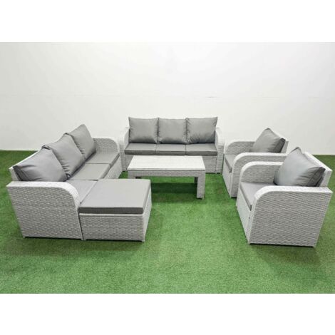 Fimous PE Rattan High Back Lounge Sofa Set Patio Oblong Coffee Table & Chairs Set with 3 Seater Sofa Reclining Chair Big Footstool Light Grey