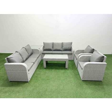 Fimous PE Rattan High Back Lounge Sofa Set Patio Oblong Coffee Table & Chairs Set with 3 Seater Sofa Reclining Chair Side Table Light Grey