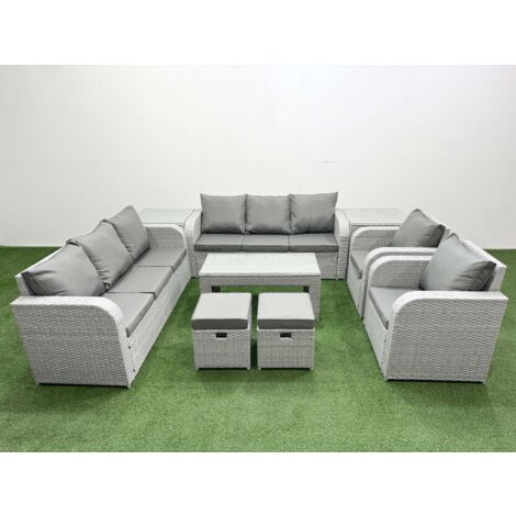 Fimous PE Rattan High Back Lounge Sofa Set Patio Oblong Coffee Table & Chairs Set with 3 Seater Sofa Reclining Chair Stools 2 Side Table Light Grey