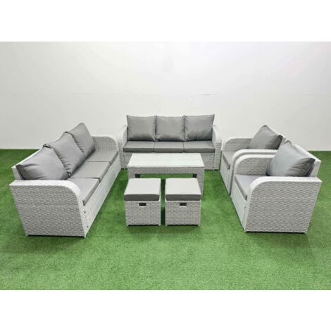 Fimous PE Rattan High Back Lounge Sofa Set Patio Oblong Coffee Table & Chairs Set with 3 Seater Sofa Reclining Chair Stools Light Grey