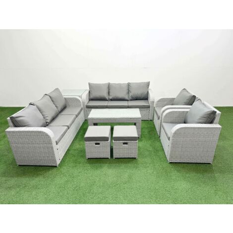 Fimous PE Rattan High Back Lounge Sofa Set Patio Oblong Coffee Table & Chairs Set with 3 Seater Sofa Reclining Chair Stools Side Table Light Grey