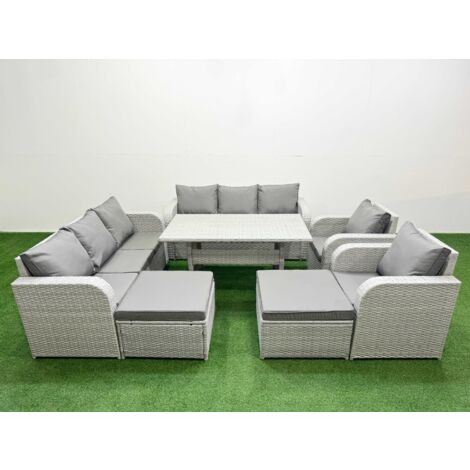 Fimous PE Rattan High Back Lounge Sofa Set Patio Rectangular Dining Table & Chairs Set with 3 Seater Sofa Reclining Chair 2 Big Footstool Light Grey