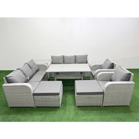 Fimous PE Rattan High Back Lounge Sofa Set Patio Rectangular Dining Table & Chairs Set with 3 Seater Sofa Reclining Chair 2 Big Footstool Side Table Light Grey