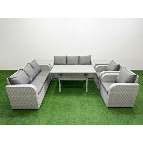 Fimous PE Rattan High Back Lounge Sofa Set Patio Rectangular Dining Table & Chairs Set with 3 Seater Sofa Reclining Chair 2 Side Table Light Grey