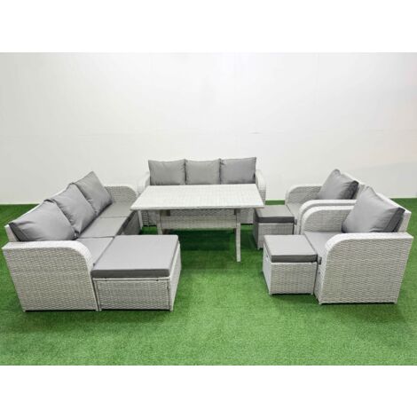 Fimous PE Rattan High Back Lounge Sofa Set Patio Rectangular Dining Table & Chairs Set with 3 Seater Sofa Reclining Chair 3 Stools Light Grey