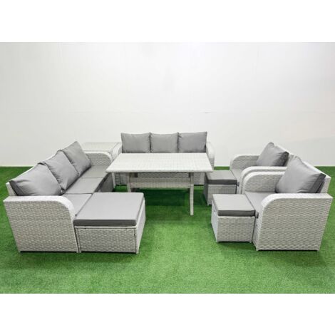 Fimous PE Rattan High Back Lounge Sofa Set Patio Rectangular Dining Table & Chairs Set with 3 Seater Sofa Reclining Chair 3 Stools Side Table Light Grey