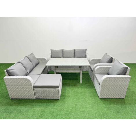 Fimous PE Rattan High Back Lounge Sofa Set Patio Rectangular Dining Table & Chairs Set with 3 Seater Sofa Reclining Chair Big Footstool Light Grey