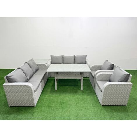 Fimous PE Rattan High Back Lounge Sofa Set Patio Rectangular Dining Table & Chairs Set with 3 Seater Sofa Reclining Chair Side Table Light Grey