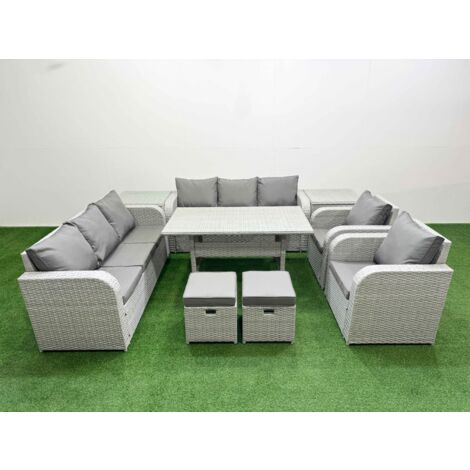 Fimous PE Rattan High Back Lounge Sofa Set Patio Rectangular Dining Table & Chairs Set with 3 Seater Sofa Reclining Chair Stools 2 Side Table Light Grey