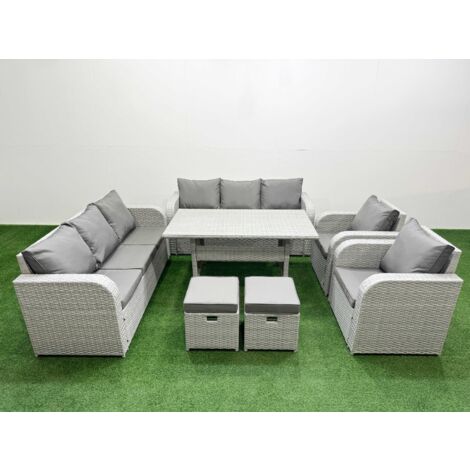 Fimous PE Rattan High Back Lounge Sofa Set Patio Rectangular Dining Table & Chairs Set with 3 Seater Sofa Reclining Chair Stools Light Grey